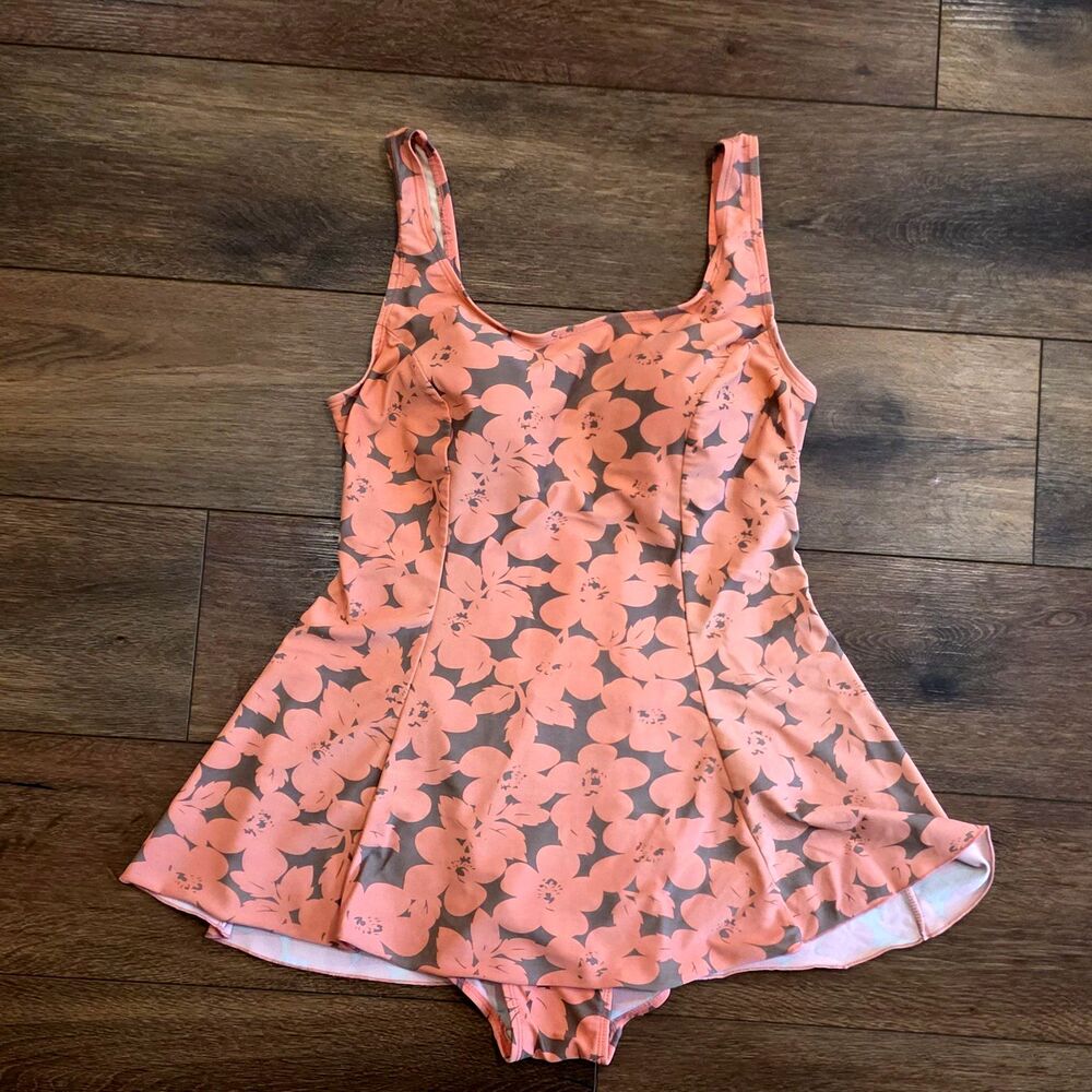 Shore Shapes Swimwear One Piece Sz 12 Floral Swim Dress Pink Skirt Swimsuit READ